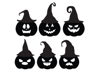 Halloween pumpkin icon set in black  colors. Simple pumpkin vector line drawing in filled and outlined style