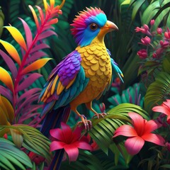 beautiful exotic bird in a tropical forest, highly detailed, exotic flowers and trees, wide angle, Generative AI