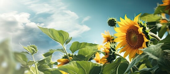 In the summer sky amidst the vibrant green garden the sunflower stands tall with its captivating floral beauty showcasing the growth and vitality of nature its leaves dancing gracefully wit