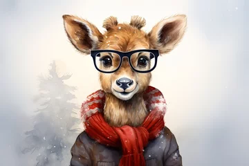 Foto auf Acrylglas Cute hipster fawn wearing glasses and red scarf outdoors in winter, animal illustration © Sergio