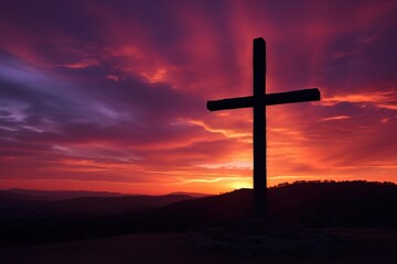 Concept or conceptual wood cross or religion symbol shape over a sunset sky background banner