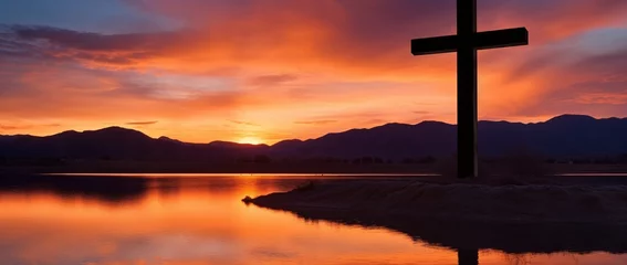 Foto op Plexiglas Concept or conceptual wood cross or religion symbol shape over a sunset sky background banner © Rudsaphon