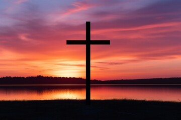 Concept or conceptual wood cross or religion symbol shape over a sunset sky background banner