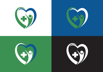 Health care logo design template. Heart with Health care and medical cross vector icon.