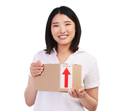 Portrait, happy woman and package for delivery for courier, shipping or distribution. Asian person, smile and hold of box for logistics on isolated or transparent png background with parcel for order