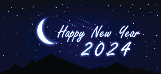 Fototapeta na wymiar new year's eve night vector poster with glowing moon and stars 