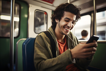 happy man in the train playing games on his smartphone - obrazy, fototapety, plakaty