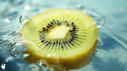  a kiwi cut in half sitting on top of a body of water with drops of water on the surface.  generative ai - obrazy, fototapety, plakaty
