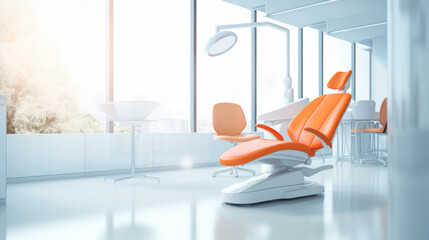 Orange dentist chair in office room. Concept of healthcare. Ai generative.