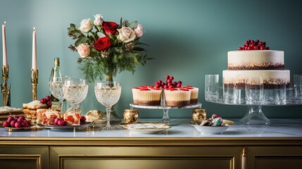  a table topped with cakes and desserts next to a vase filled with flowers and a wine glass filled with champagne.  generative ai