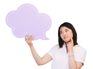 Isolated Japanese woman, speech bubble and thinking for idea, opinion or question by transparent png background. Girl, poster and sign for feedback, quote or review with mockup space for social media