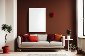 A Crimson Couch and Coffee Table, Potted Plants, Brown Theme Wall with Vertical Blank Poster in a Minimalist Room