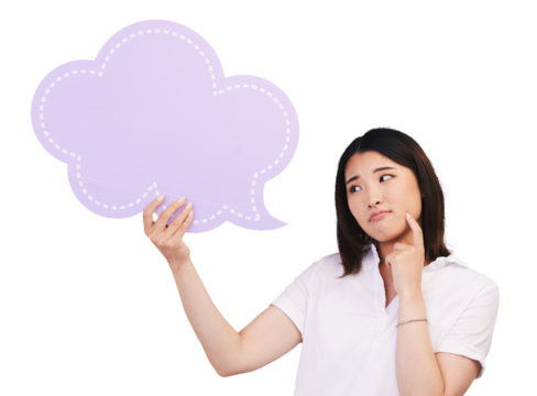 Isolated Japanese woman, speech bubble and thinking for idea, opinion or question by transparent png background. Girl, poster and sign for feedback, quote or review with mockup space for social media