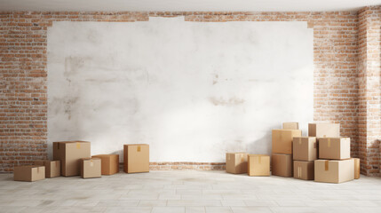 Empty white mock up copy space wall with Cardboard boxes in empty room interior, moving concept. Sunlight big windows. Brick wall. Move to new office. Ai generative