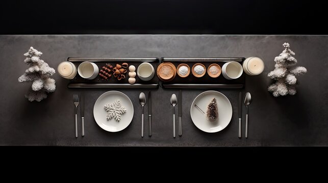  a table topped with plates and silverware next to a couple of small christmas trees on a black table cloth.  generative ai