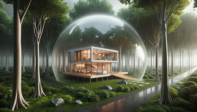 House protected by glass bubble. Insurance and safety concept. Ai generative.