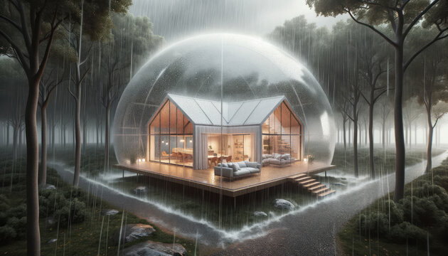 House protected by transparent bubble from natural disaster flood and rain. Insurance and safety concept. Ai generative.