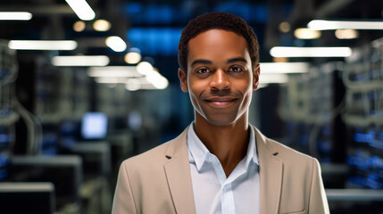 Fototapeta premium Portrait of Black Man in white suit. Internet Security Concept. Data Cloud Protection Network, Server Room backdrop, Ai Generative