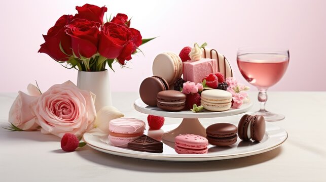  a white plate topped with lots of desserts next to a vase filled with roses and a glass of wine.  generative ai
