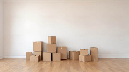 Stack of moving boxes in new house.