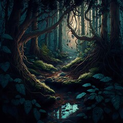 AI-generated illustration of the narrow river between the lush trees in the spooky forest
