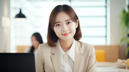 Fototapeta premium Office background. Portrait of beautiful asian businesswoman looks at the camera and smiles. Feminine business and career success concept. Ai generative