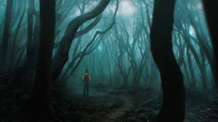 AI-generated illustration of a person walking in an eerie forest in the evening