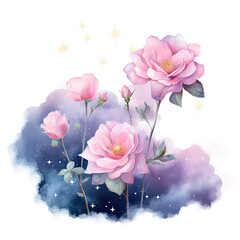 Fantasy magical morning or evening sky with fabulous romantic pink rose flowers garden, shining stars and mysterious clouds Illustration, Generative Ai