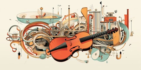 Violin, instruments, sheet music and compositions uniquely risographed to appeal to music lovers and musicians.
