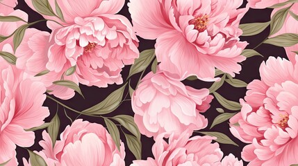 a bunch of pink flowers with green leaves on a black background with pink and green leaves on a black background.  generative ai