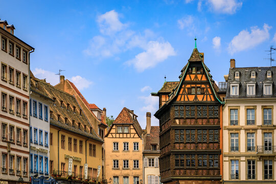 Strasbourg, France - June 4, 2023: Maison Kammerzell House restaurant in an ornate medieval 15th century half timbered house on Cathedral Square