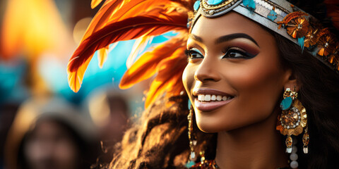 Rio's Dazzling Dancers: Feather Headdress and Jewels Gleaming at Sunset - obrazy, fototapety, plakaty