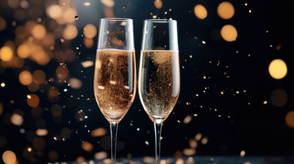 A two glass of sparkling wine on a golden confetti on blur festive background