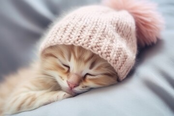 Cute little fluffy kitten in a knitted hat