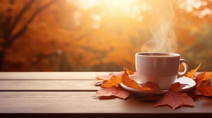 A cup of coffee on a wooden table with fall leaves.