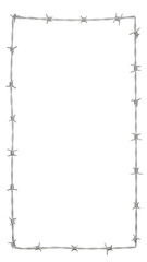 3D-rendered vertical 9:16 rectangle frame created from a single line of barbed wire fence, PNG format, clear background.