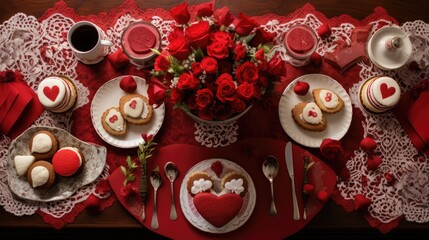 Fototapeta premium a valentine's day table setting with red roses, heart shaped cookies, and heart - shaped cupcakes. generative ai