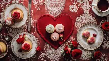  a valentine's day table setting with a heart shaped tray of macaroons and a cup of coffee.  generative ai