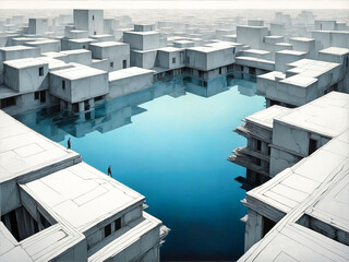 Cubist black, white and blue city with a mirror-smooth lake. cubist city with a mirror-smooth lake....