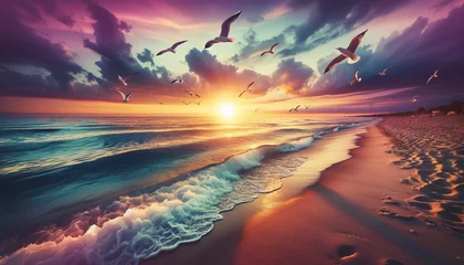 Tuinposter birds flying over a beach at sunset  © noah