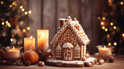 Gingerbread house on the wooden table - obrazy, fototapety, plakaty