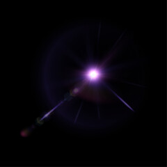 Flash of light on a black background. Vector glow effect. Abstract ignition of lens flares with light refraction.
