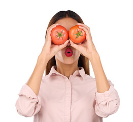 Woman, tomato and covering eyes with healthy food, vegan diet and funny isolated on a transparent...