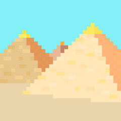 Fototapeta premium Pirámides pixeladas con cielo en el desierto en estilo videojuegos clásicos en píxeles. Creado por el artista Diego Ferro