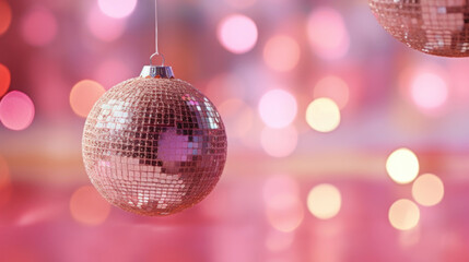 Fototapeta na wymiar Pink Christmas decorative balls hanging on bokeh lights soft background