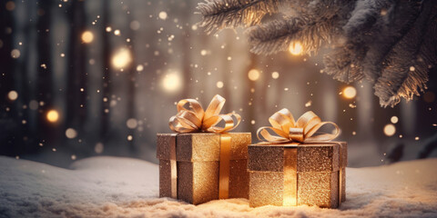 Two golden gift boxes in a winter Christmas forest