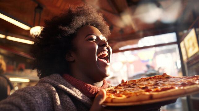 Happy woman in restaurant or cafe with pizza