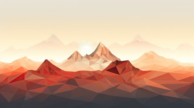  a low polygonic landscape of a mountain range with a sun rising in the distance, with low mountains in the foreground.  generative ai