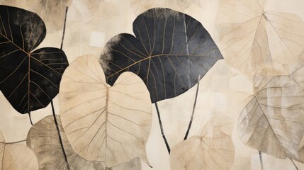  a close up of a painting of leaves on a wall with a black and white design on the back of the leaves.  generative ai