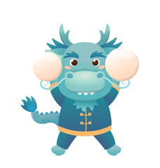 Cute and playful dragon character or mascot with glutinous rice balls for Lantern Festival or Winter Solstice, Asian sticky rice sweet food, vector cartoon style
